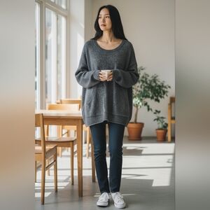 Lush Oversized Knit Sweater Gray Pocket Pullover Cozy Slouchy M